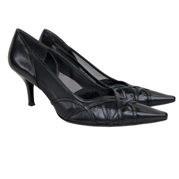 Stuart Weitzman Black Leather D'Orsay Pointed Toe Pump Mesh Sides Size 7.5 - Picture 3 of 12